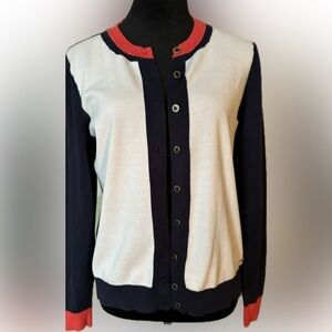 Womens Tommy Hilfiger button down sweater; white front & navy back. size L